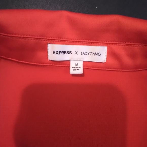 Express Ladygang Red Button Up Shirt Long Sleeve Left Front Mock Pocket Office - Picture 5 of 9